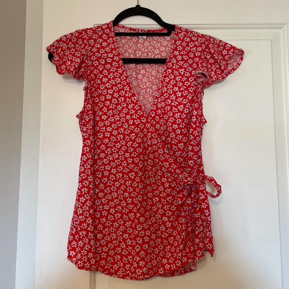 Old Navy Red Floral Wrap Blouse